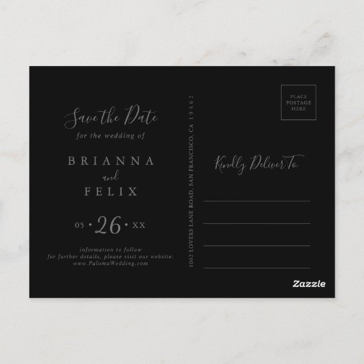 Wilde bloem Zwarte Horizontale Save the Date Briefkaart (Achterkant)