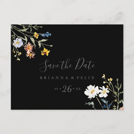 Wilde bloem Zwarte Horizontale Save the Date Briefkaart (Voorkant)