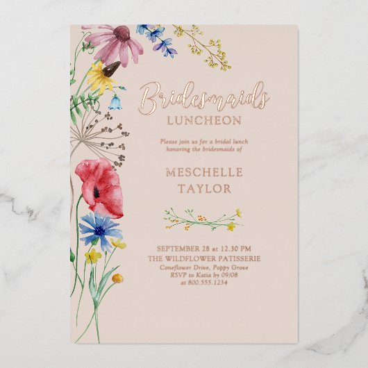 Wilde bloembridesmaïden Luncheon Floral Roos Gold Folie Uitnodiging (Voorkant)