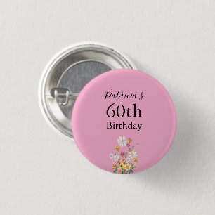Wilde Bloemen 60e Verjaardag Roze Feest Ronde Button 3,2 Cm