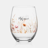 Wilde bloemen aangepaste naam script wijnglas zonder voet (Voorkant)