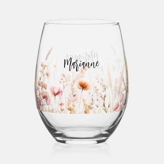 Wilde bloemen aangepaste naam script wijnglas zonder voet (Voorkant)