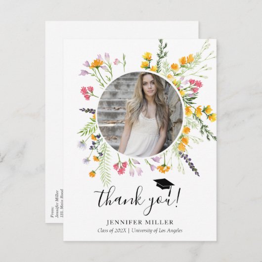 Wilde bloemen Afstuderen Foto Aankondigingskaart (Voorkant / Achterkant)