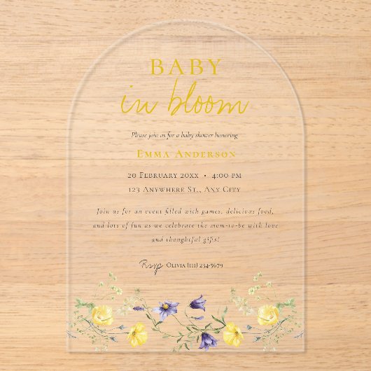 Wilde bloemen Baby in bloei baby Shower Uitnodigin Acryl Uitnodigingen (Voorkant)