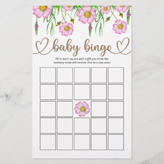 Wilde bloemen Baby in Bloom Baby shower Bingo Game (Voorkant)