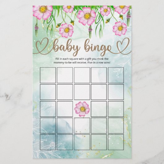 Wilde bloemen Baby in Bloom Baby shower Bingo Game (Voorkant)