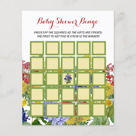 Wilde bloemen Baby in Bloom Shower Bingo Game Flyer (Voorkant)