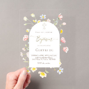 wilde bloemen baby meisje Doop Acryl Uitnodigingen