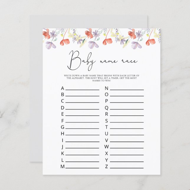 Wilde bloemen Baby naam race game (Voorkant / Achterkant)