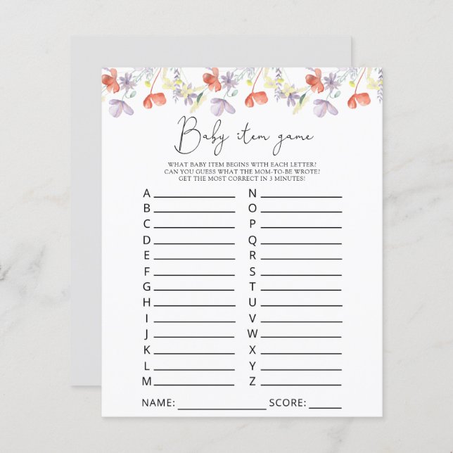 Wilde bloemen Baby Object Game. Baby shower game (Voorkant / Achterkant)