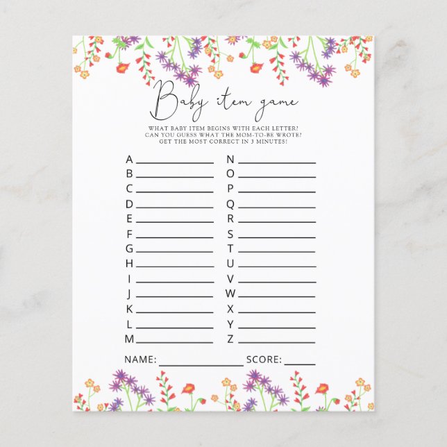 Wilde bloemen Baby Object Game. Baby shower game (Voorkant)