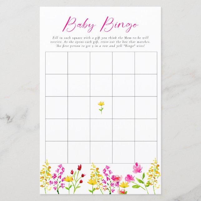 Wilde bloemen Baby shower Bingo Game Party Activit (Voorkant)