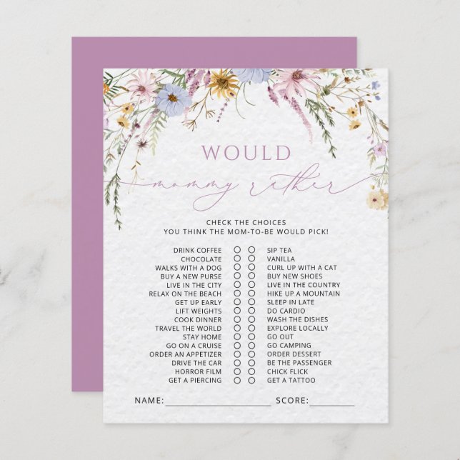 Wilde bloemen Baby shower Game (Voorkant / Achterkant)