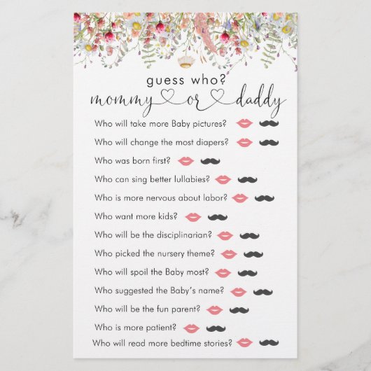 Wilde bloemen Baby shower "Raad eens wie" spel (Voorkant)