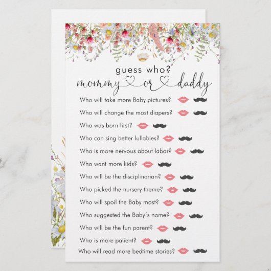 Wilde bloemen Baby shower "Raad eens wie" spel (Voorkant / Achterkant)