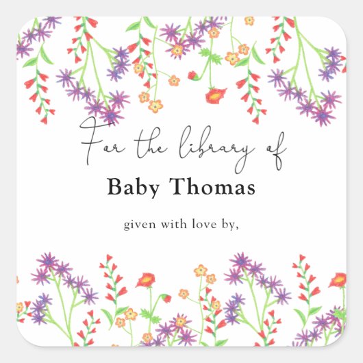 Wilde bloemen- Baby showers boekplaat, boeken voor Vierkante Sticker (Voorkant)