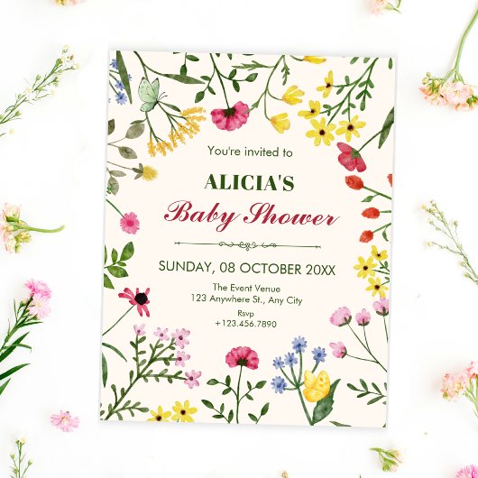 Wilde bloemen babyshower kaart