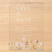 Wilde Bloemen Beige Boho Bewaar de Datum Minimalis Acryl Uitnodigingen (Voorkant)