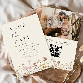Wilde Bloemen Beige Foto QR Code Save the Date