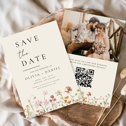 Wilde Bloemen Beige Foto QR Code Save the Date
