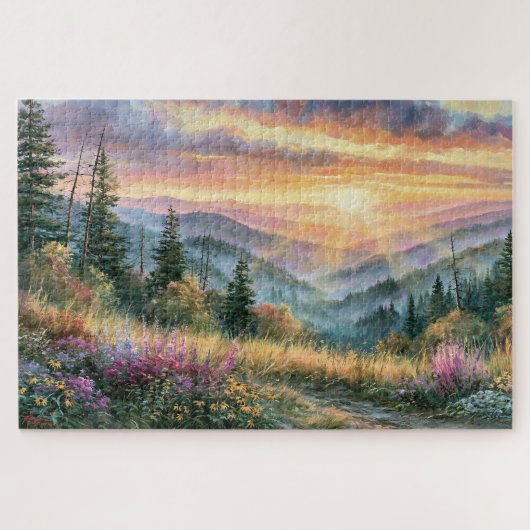 Wilde Bloemen Berg Zonsopgang Schildering Legpuzzel (Horizontaal)