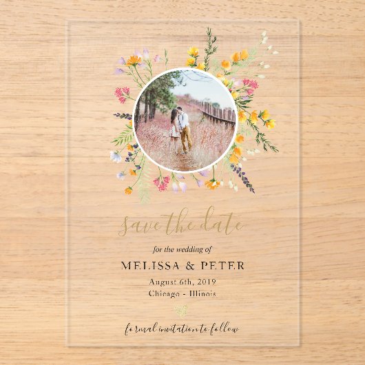 Wilde bloemen bewaren de datumfoto acryl uitnodigingen (Voorkant)