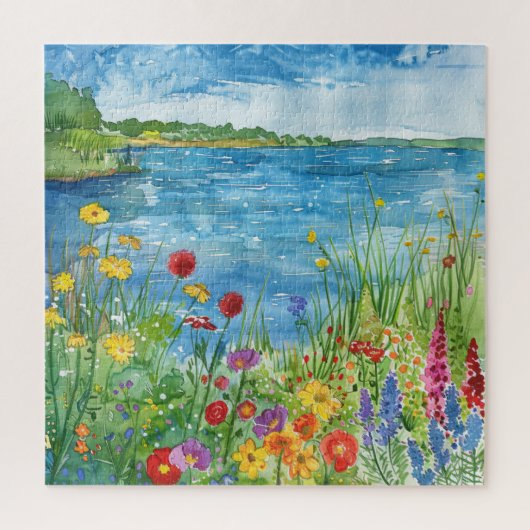 Wilde bloemen bij een meer legpuzzel (Verticaal)