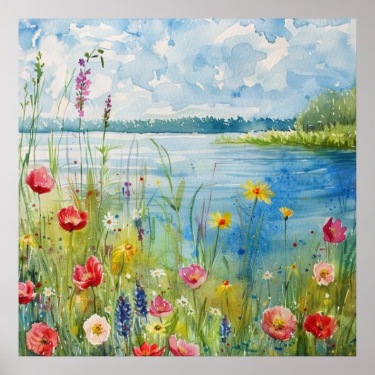 Wilde bloemen bij een meer poster (Voorkant)