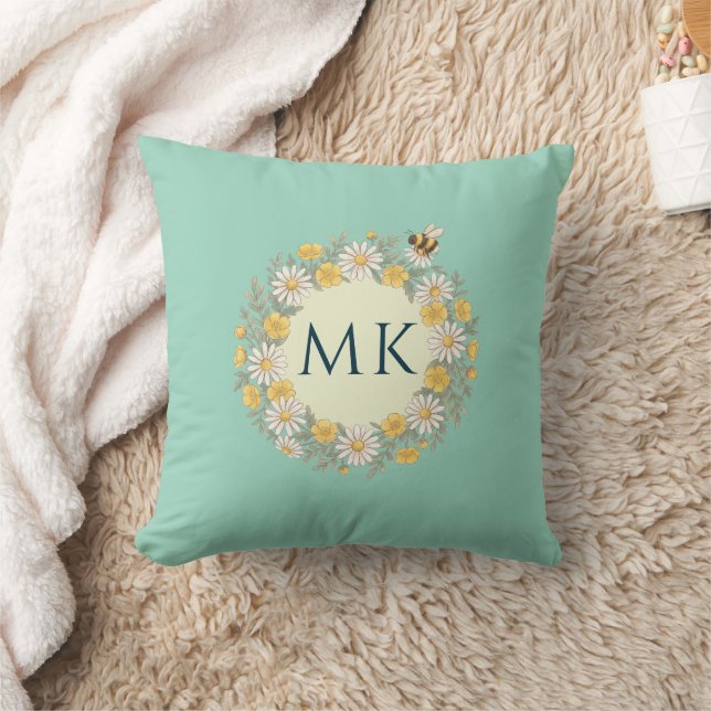 Wilde Bloemen Bij Monogram Turquoise Kussen (Deken)