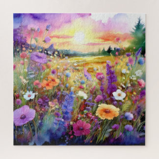 Wilde bloemen bij zonsondergang in waterverf legpuzzel