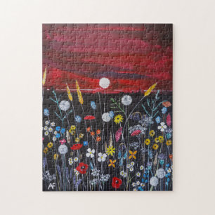 Wilde bloemen bij zonsondergang Schilderij van Alf Legpuzzel