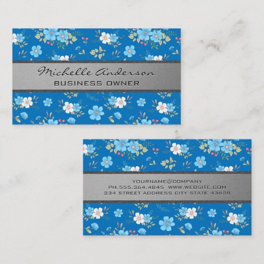 Wilde Bloemen Blauw Witte Bloemmotief Visitekaartje (Voorkant / Achterkant)