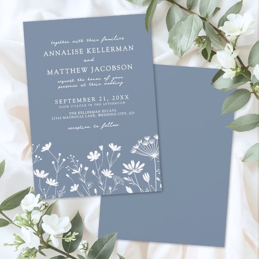Wilde Bloemen Blauwe Bruiloft Kaart