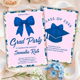 Wilde bloemen Blauwe Gingham Strik Afstudeerfeest Kaart