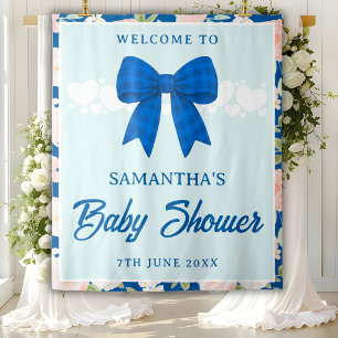 Wilde bloemen Blauwe Gingham Strik Baby Shower Ach Wandkleed