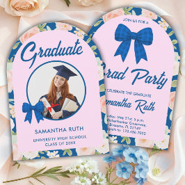 Wilde bloemen Blauwe Gingham Strik Foto Afstudeerf Kaart