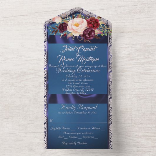 Wilde bloemen Blauwe lint, kant en licht All In One Uitnodiging (Binnen)