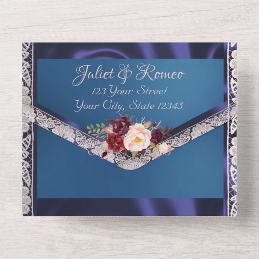 Wilde bloemen Blauwe lint, kant en licht All In One Uitnodiging (Achterkant)