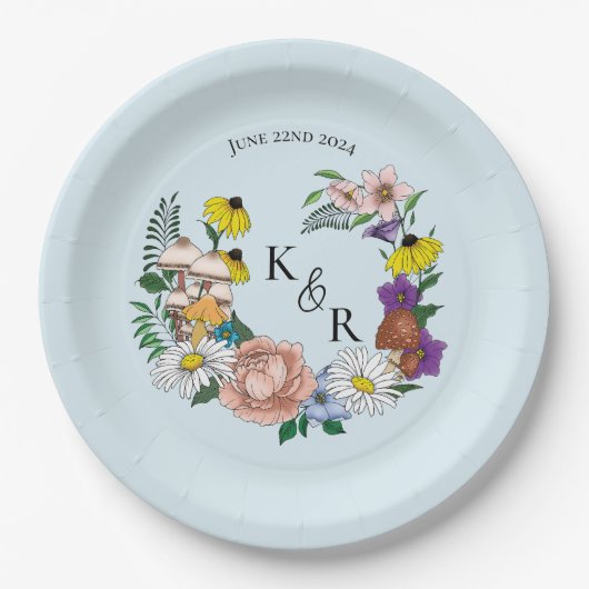 Wilde bloemen Blauwe paddenstoelen Papieren Bordje (Voorkant)