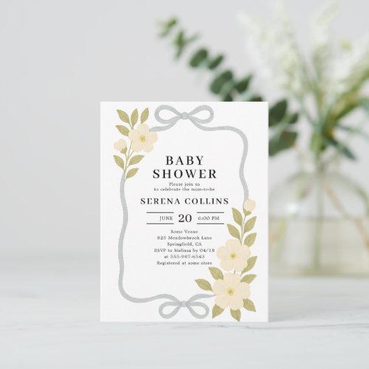 Wilde Bloemen Blauwe Strik Baby Shower Briefkaart (Staand voorkant)