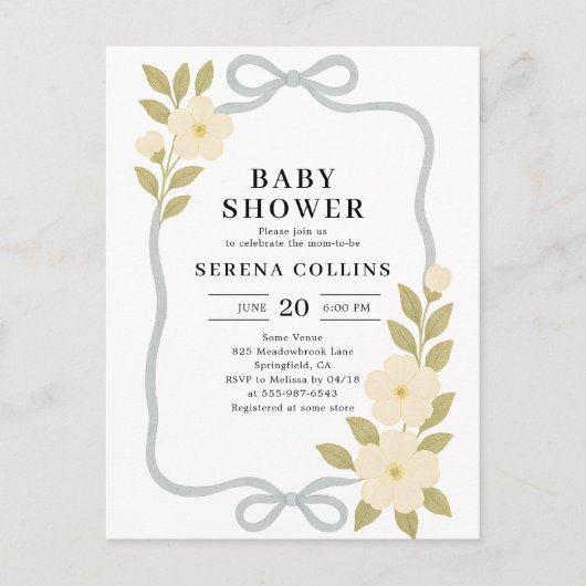 Wilde Bloemen Blauwe Strik Baby Shower Briefkaart (Voorkant)