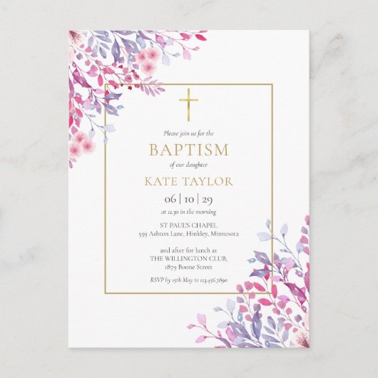 Wilde Bloemen Bloem Goud Doop Christening Uitnodiging Briefkaart (Voorkant)