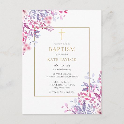 Wilde Bloemen Bloem Goud Doop Doopfeest Uitnodiging Briefkaart (Voorkant)