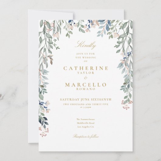 Wilde Bloemen Bloem QR Code Gouden Bruiloft Kaart (Voorkant)