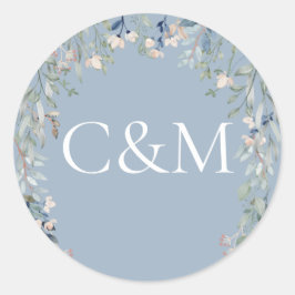 Wilde Bloemen Bloem Stof Blauw Monogram Ronde Sticker