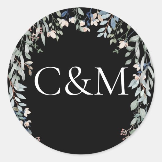 Wilde Bloemen Bloem Zwart En Wit Monogram Ronde Sticker (Voorkant)