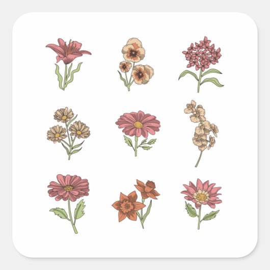 Wilde bloemen  bloemen botanische bloemen vierkante sticker (Voorkant)