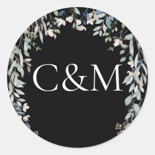 Wilde bloemen Bloemen Zwart-wit monogram Ronde Sticker