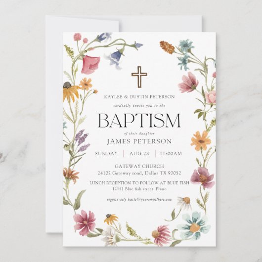 Wilde bloemen bloemenmeisje doop uitnodiging (Voorkant)