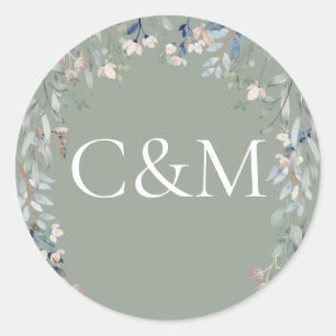 Wilde Bloemen Bloemige Salie Groene Monogram Ronde Sticker